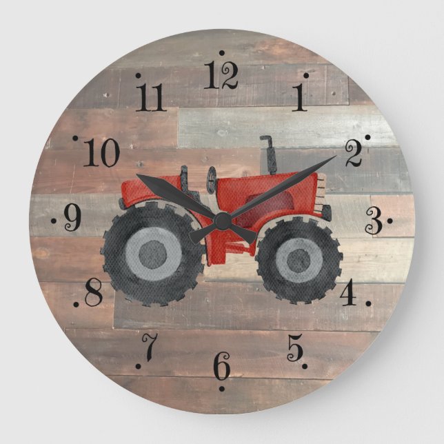 Country Farmhouse Red Tractor Faux Wood Wall Clock Große Wanduhr (Vorderseite)