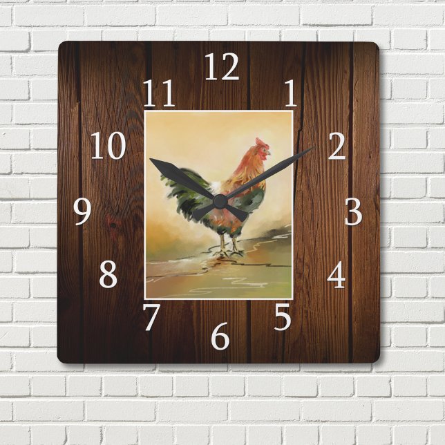 Country Farmhouse Rooster Rustikales Dunkles Holz Quadratische Wanduhr (Von Creator hochgeladen)