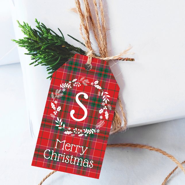 Country Festive Red Green Kariert Folione Geschenkanhänger (Country Festive Red Green Plaid Foliage Monogram Gift Tags)