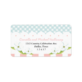 Country Floral Gingham Pink Blue Wedding Adressaufkleber