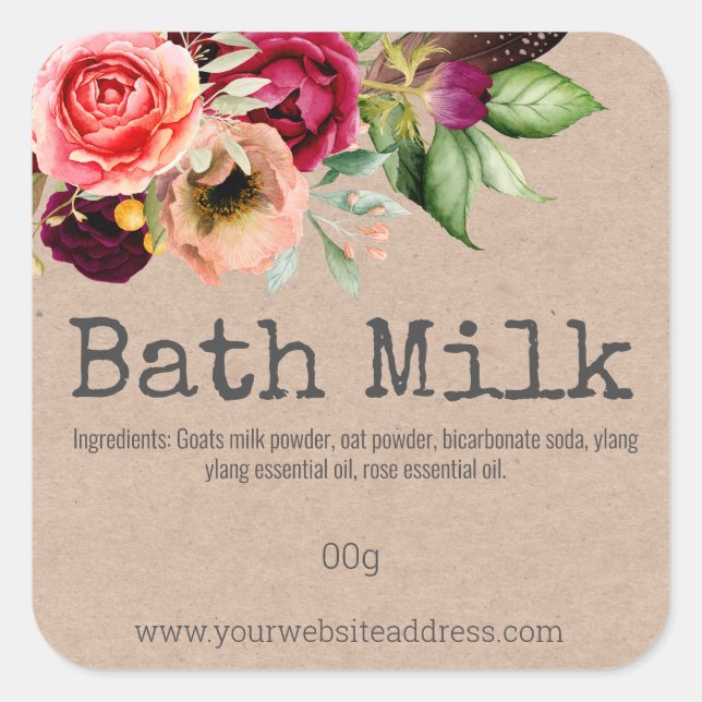 Country floral Kraft Bath Milch Product Labels Quadratischer Aufkleber (Vorderseite)