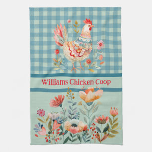 Country Folk Art Chickens on Blue Gingham Karo Geschirrtuch