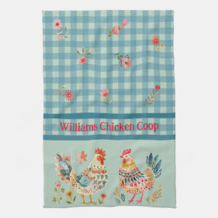 Country Folk Art Chickens on Blue Gingham Karo Geschirrtuch