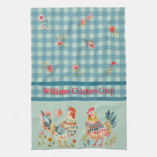 Country Folk Art Chickens on Blue Gingham Karo Geschirrtuch