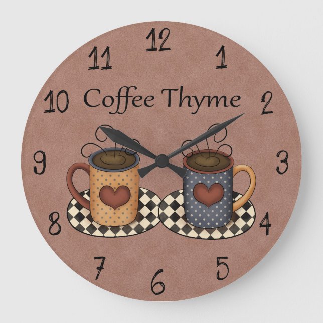 Country Folk Art Kitchen Coffee Design Große Wanduhr (Vorderseite)