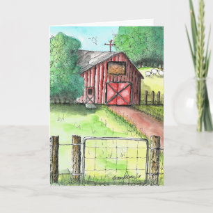 Country Folk Art, Red Barn, Farm Malerei Art Karte