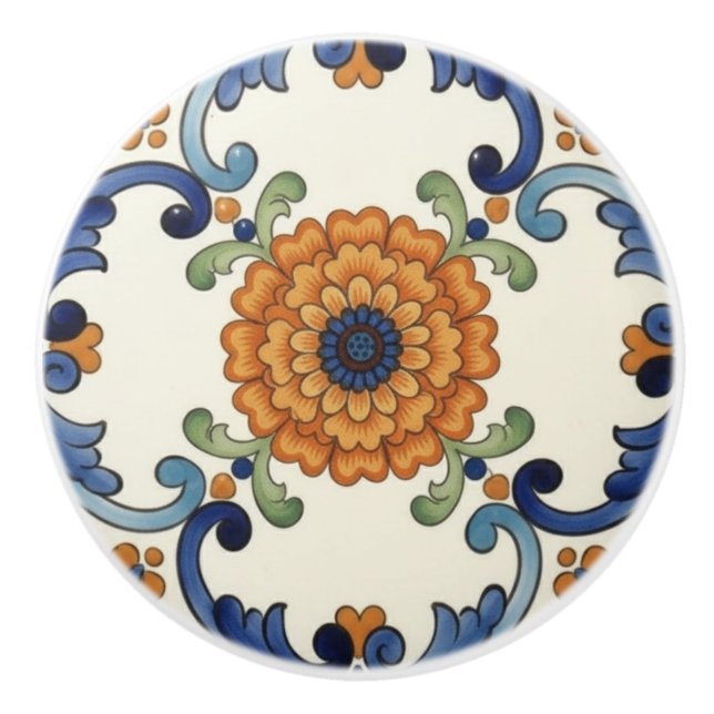 Country Folk Flower Mediterranean Blue Orange Keramikknauf (Vorderseite)
