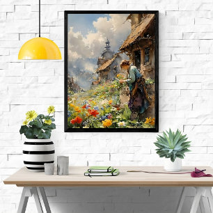 Country Garden mit Girl in Blue Dress und Blume Poster
