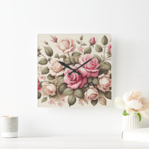 Country Garden Roses auf Creme Hintergrund Quadratische Wanduhr