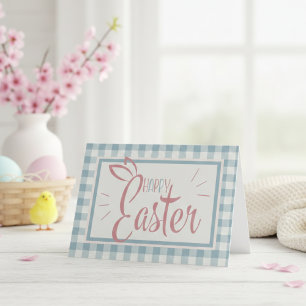 Country Gingham Blue Happy Oaster Custom Feiertagskarte