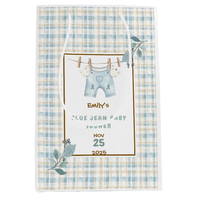 Country Gingham Blue Jean Baby Dusche Willkommen Mittlere Geschenktüte (Vorderseite)