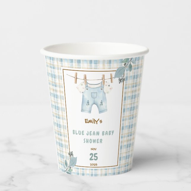 Country Gingham Blue Jean Baby Dusche Willkommen Pappbecher (Vorderseite)