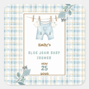 Country Gingham Blue Jean Baby Dusche Willkommen Quadratischer Aufkleber