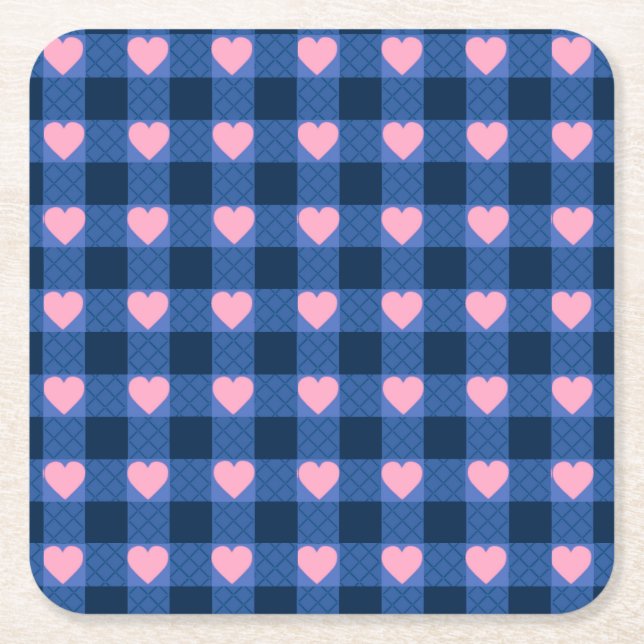 Country Gingham Blue Pink Herzmuster Rechteckiger Pappuntersetzer (Vorderseite)