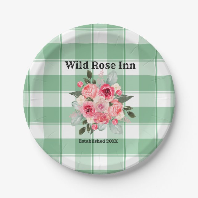 Country Gingham Wild Rose B & B Custom Farmhouse Pappteller (Vorderseite)
