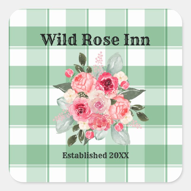 Country Gingham Wild Rose B & B Custom Farmhouse Quadratischer Aufkleber (Vorderseite)