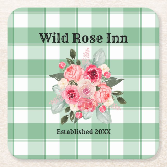 Country Gingham Wild Rose B & B Custom Farmhouse Rechteckiger Pappuntersetzer (Vorderseite)