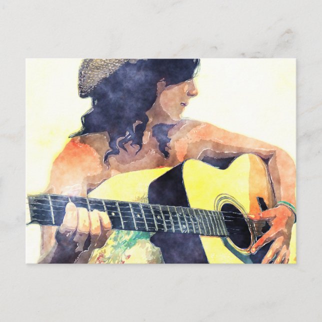 Country Girl mit Coustic Guitar Wasserfarbe Postkarte (Vorderseite)