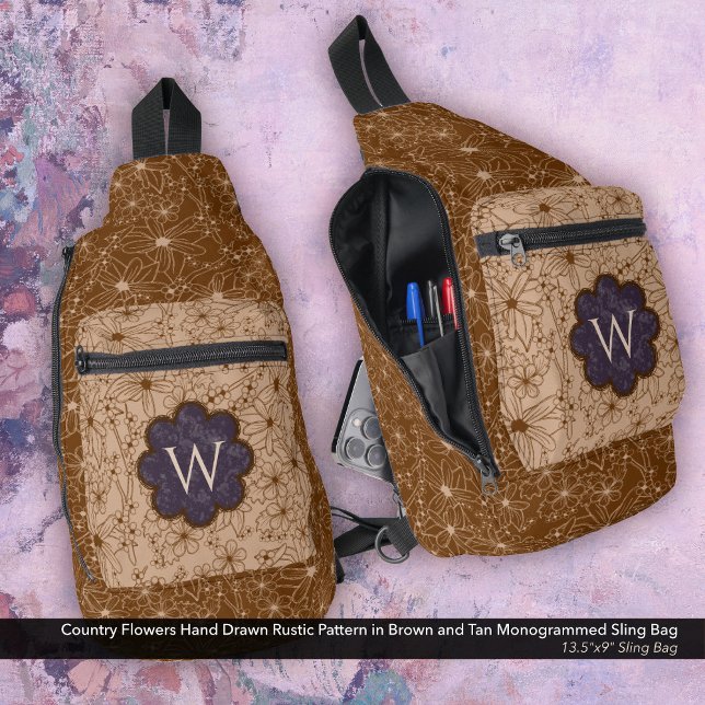 Country Girl Rustikales Blumenmuster Lila braun Crossbody Bag (Sling Bag: Country Flowers Hand Drawn Rustic Pattern in Brown and Tan with a Dark Purple Monogram)