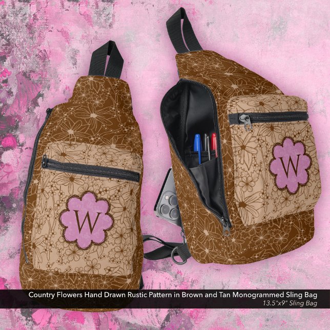 Country Girl Rustikales Blumenmuster Pink Brown Crossbody Bag (Sling Bag: Country Flowers Hand Drawn Rustic Pattern in Brown and Tan with a Soft Pink Monogram)
