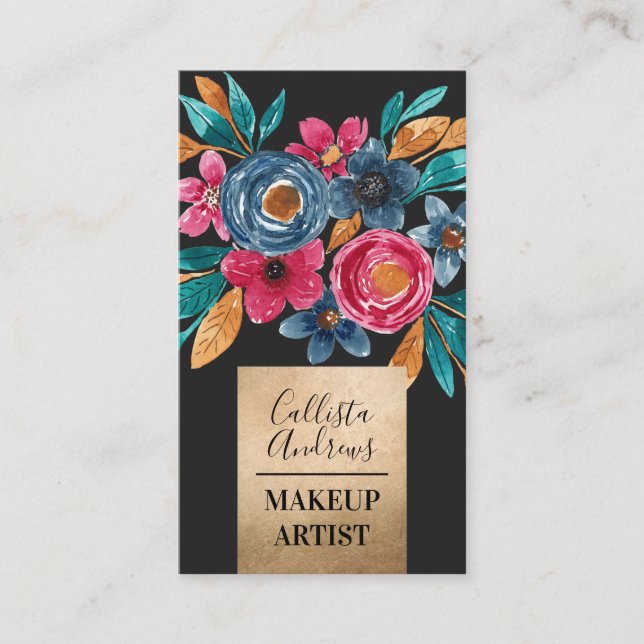 Country Gold Blue Fall Gold Watercolor Blume Visitenkarte (Vorderseite)