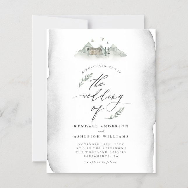 Country Gray Watercolor Blätter & Mountain Wedding Magneteinladung (Vorderseite)
