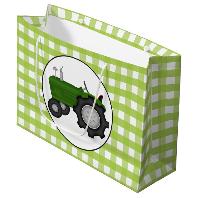 Country Green Gingham Party Traktortasche Große Geschenktüte (Vorderseite Schrägansicht)