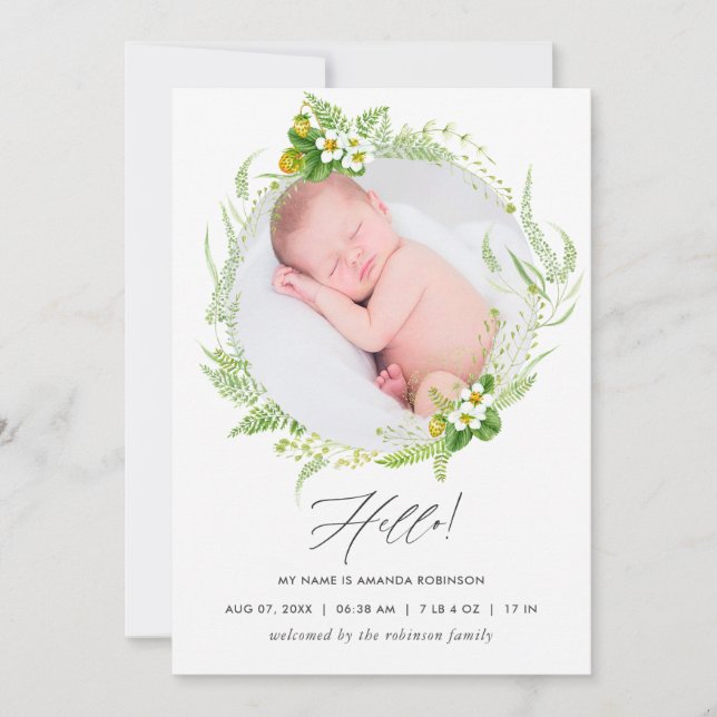 Country Greenery Geburtsankündigung Foto-Karte Ankündigung (Vorderseite)