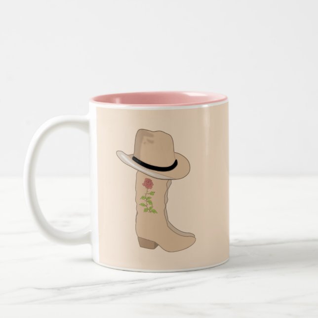 Country Hat & Boots auf Beige Zweifarbige Tasse (Links)