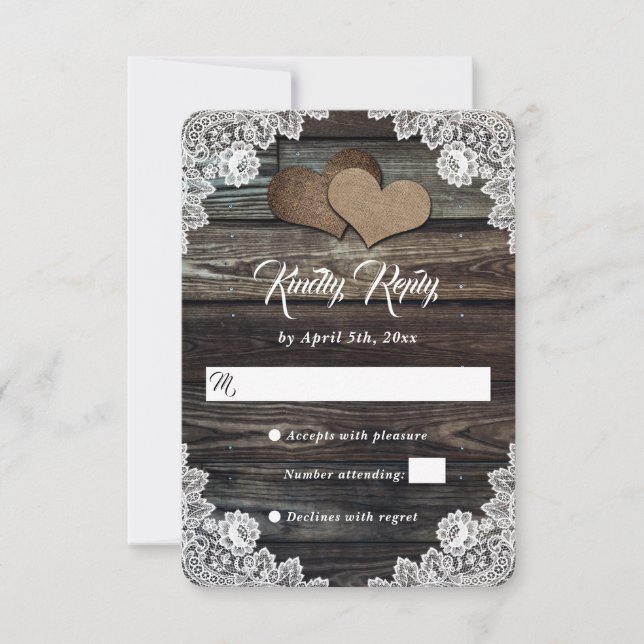 Country Hearts Wood Floral Lace Rustikale Hochzeit RSVP Karte (Vorderseite)