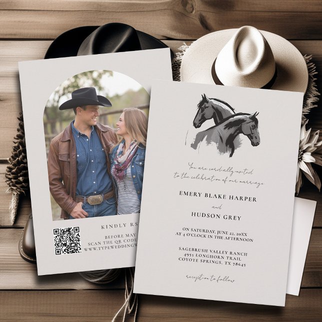 Country Horses Sketch Western Rustikales Foto Hoch Einladung (country wedding invitation western cowboy horses art sketch black white ecru rustic modern)