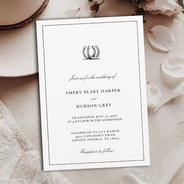 Country Horseshoe Frame Western Elegant BW Wedding Einladung (western wedding invitation cowboy country horseshoes horse lovers black white art sketch elegant)