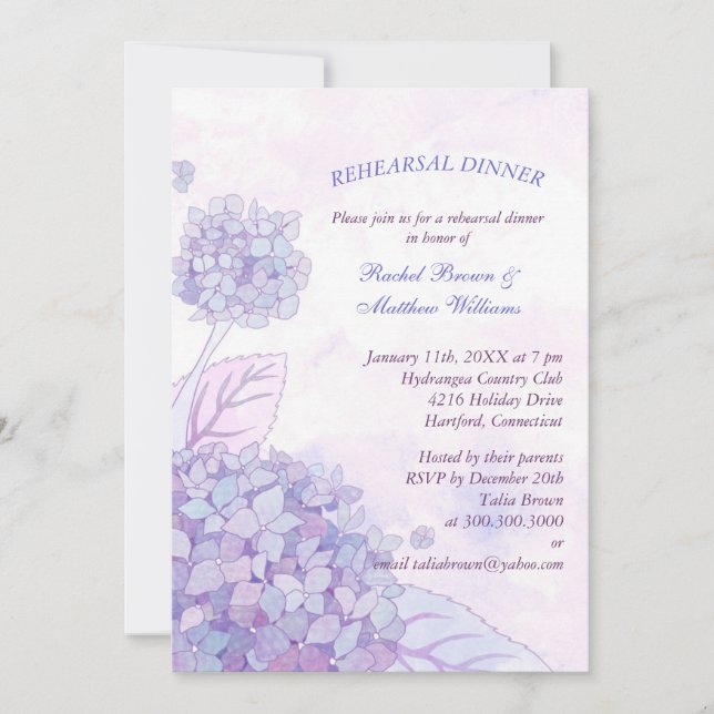 Country Hydrangea Hochzeitsessen Probe Einladung (Vorderseite)