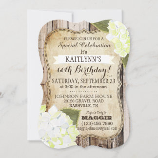 Country Hydrangeas und rustikales Holz zum Geburts Einladung