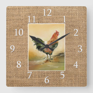 Country Kitchen Rooster Rustic Burlap Farmhouse Quadratische Wanduhr