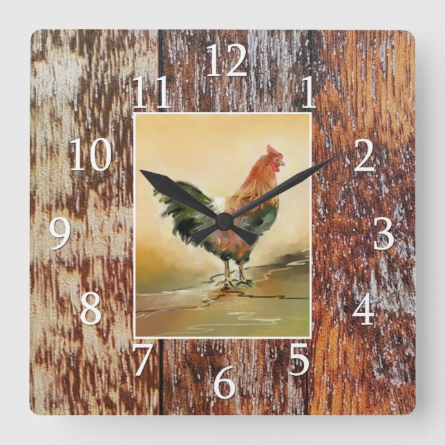 Country Kitchen Rooster Rustic Wohn Bauernhof Quadratische Wanduhr (Vorderseite)