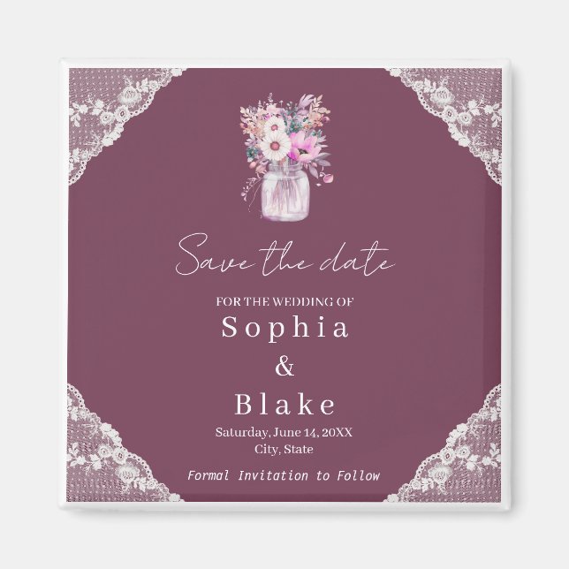 Country Lace Mason Jar Burgundy Save the Date Magnet (Vorne)