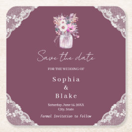 Country Lace Mason Jar Burgundy Save the Date Rechteckiger Pappuntersetzer