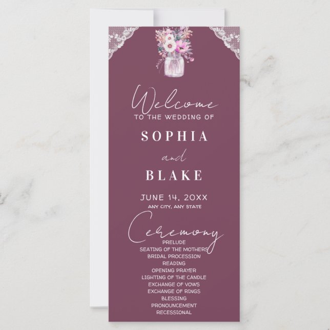 Country Lace Mason Jar Burgundy Wedding Program (Vorderseite)