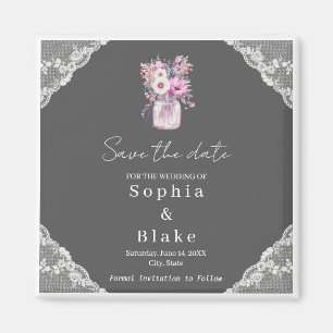 Country Lace Mason Jar Gray Save the Date Magnet
