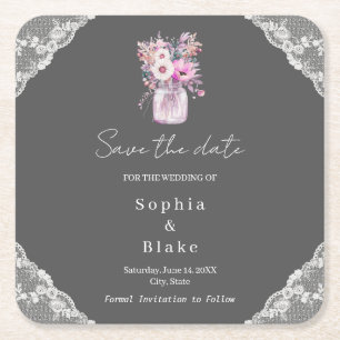 Country Lace Mason Jar Gray Save the Date Rechteckiger Pappuntersetzer