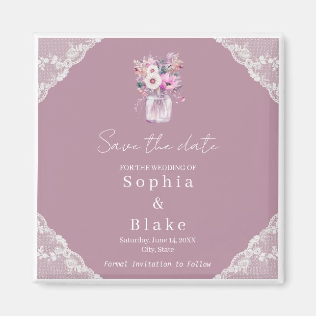 Country Lace Mason Jar Pink Save the Date Magnet (Vorne)