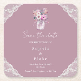 Country Lace Mason Jar Pink Save the Date Rechteckiger Pappuntersetzer