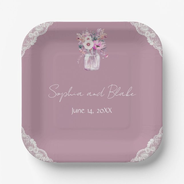 Country Lace Mason Jar Pink Wedding Pappteller (Vorderseite)