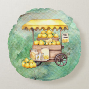 Country Lemon Cart Watercolor Rundes Kissen