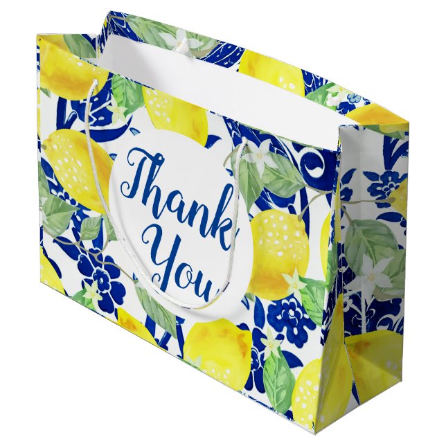 Country Lemons & Blue Floral Vielen Dank Große Geschenktüte (Rückseite Schrägansicht)