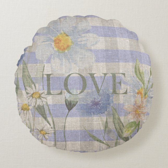 Country Liebe Floral Blue Gingham and Daisies Rundes Kissen (Vorderseite)