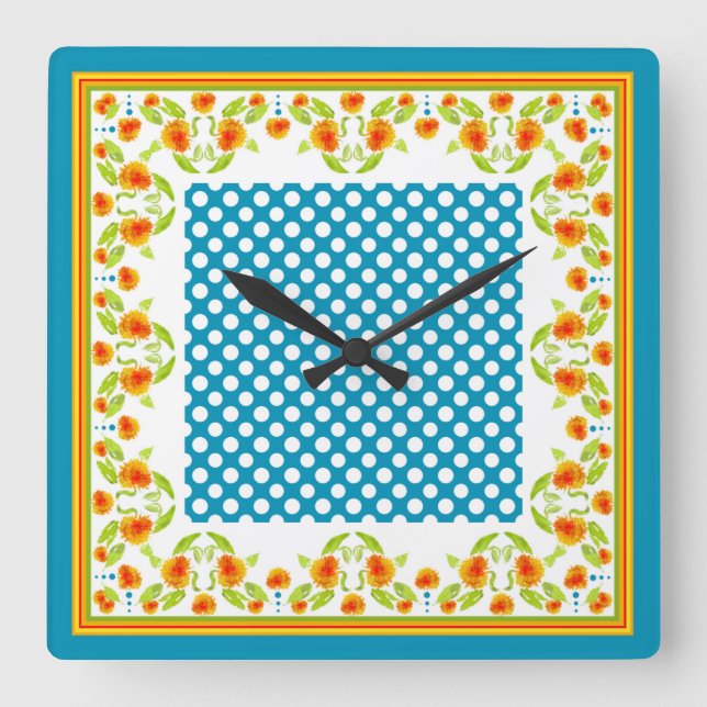 Country Marigolds Border and Polka Docks Wall Cloc Quadratische Wanduhr (Vorderseite)