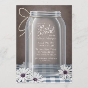 Country Mason Jar Blue Gingham Baby Dusche Einladung