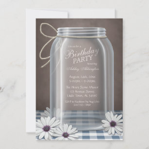 Country Mason Jar Blue Gingham Birthday Party Einladung